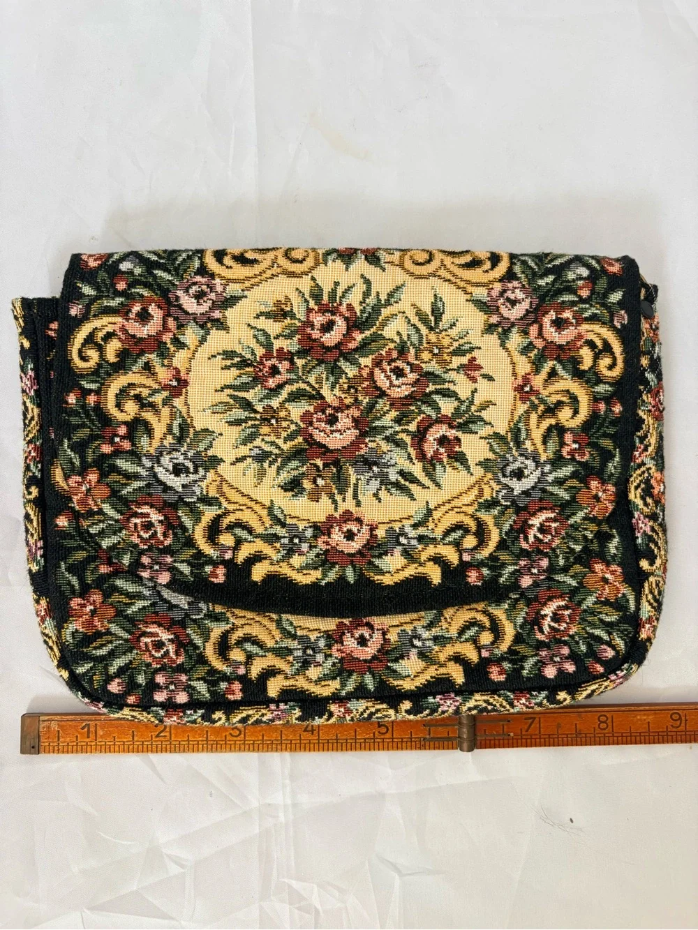 Vintage Floral Tapestry Clutch Purse - Black and Gold